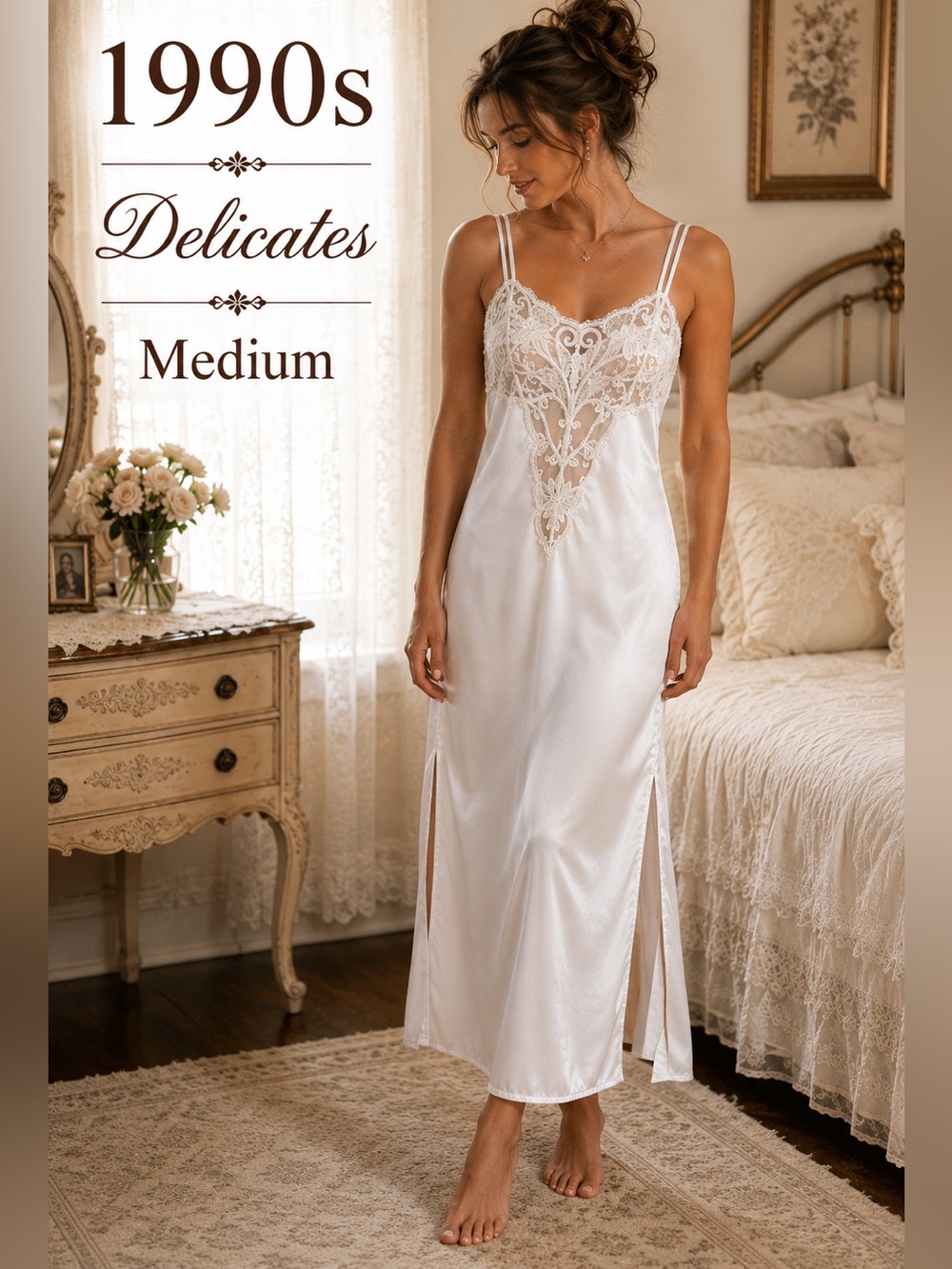 Vintage Delicates White Satin Full Slip Gown Beaded Lace Bridal Boudoir M